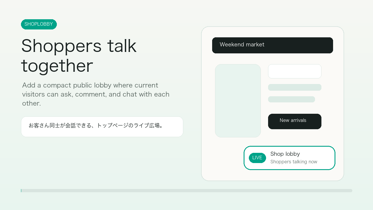 ShopLobby introduction showing shopper-to-shopper chat, staff replies, moderation, and storefront popup